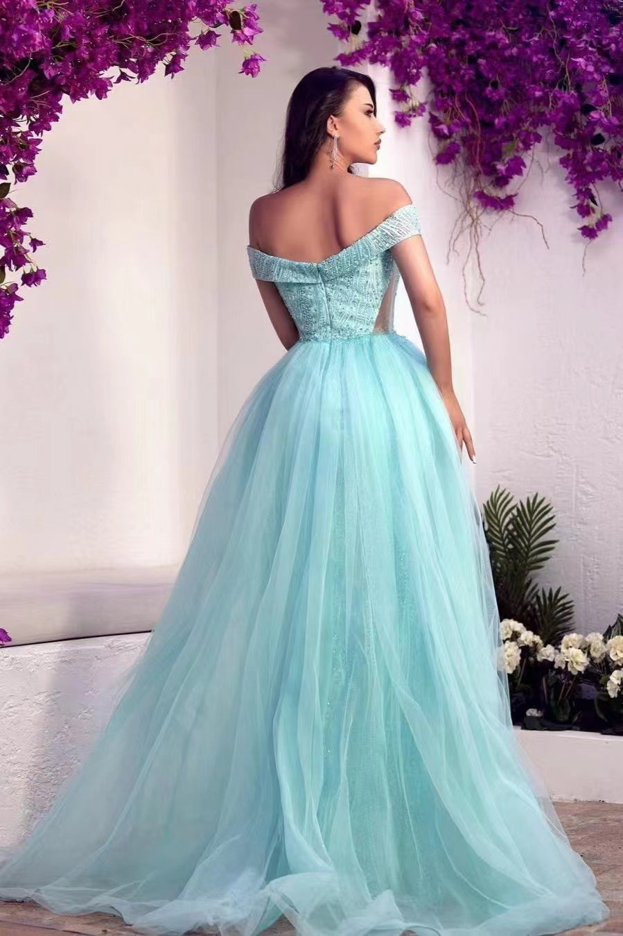 Glamorous Sweetheart Tulle Prom Dress With Sequins Beads & Off-The-Shoulder Overskirt