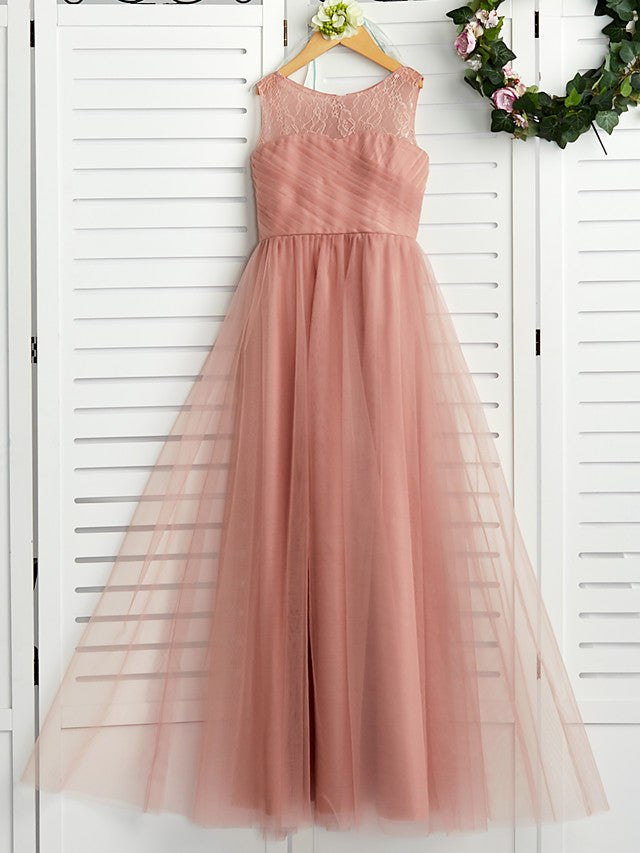 Jewel Sleeveless A-Line Maxi Flower Girl Dress with Tulle and Lace