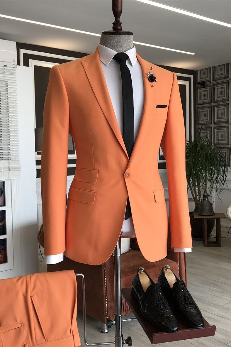 Look Sharp in this Shining Orange Homecoming Suit for Guys with Peaked Lapel