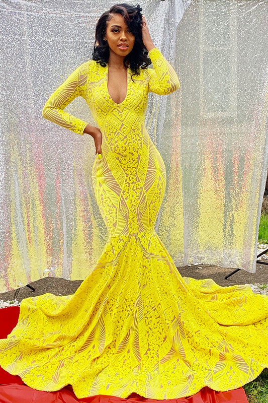 Bright Yellow Long Sleeves Mermaid Prom Dress