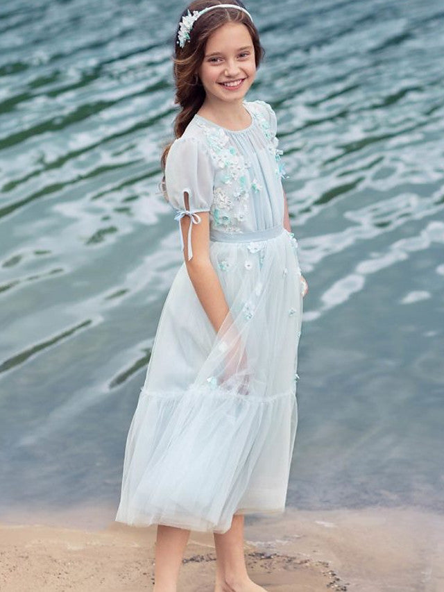 Half Sleeve A-Line Flower Girl Dress with Tulle and Appliques