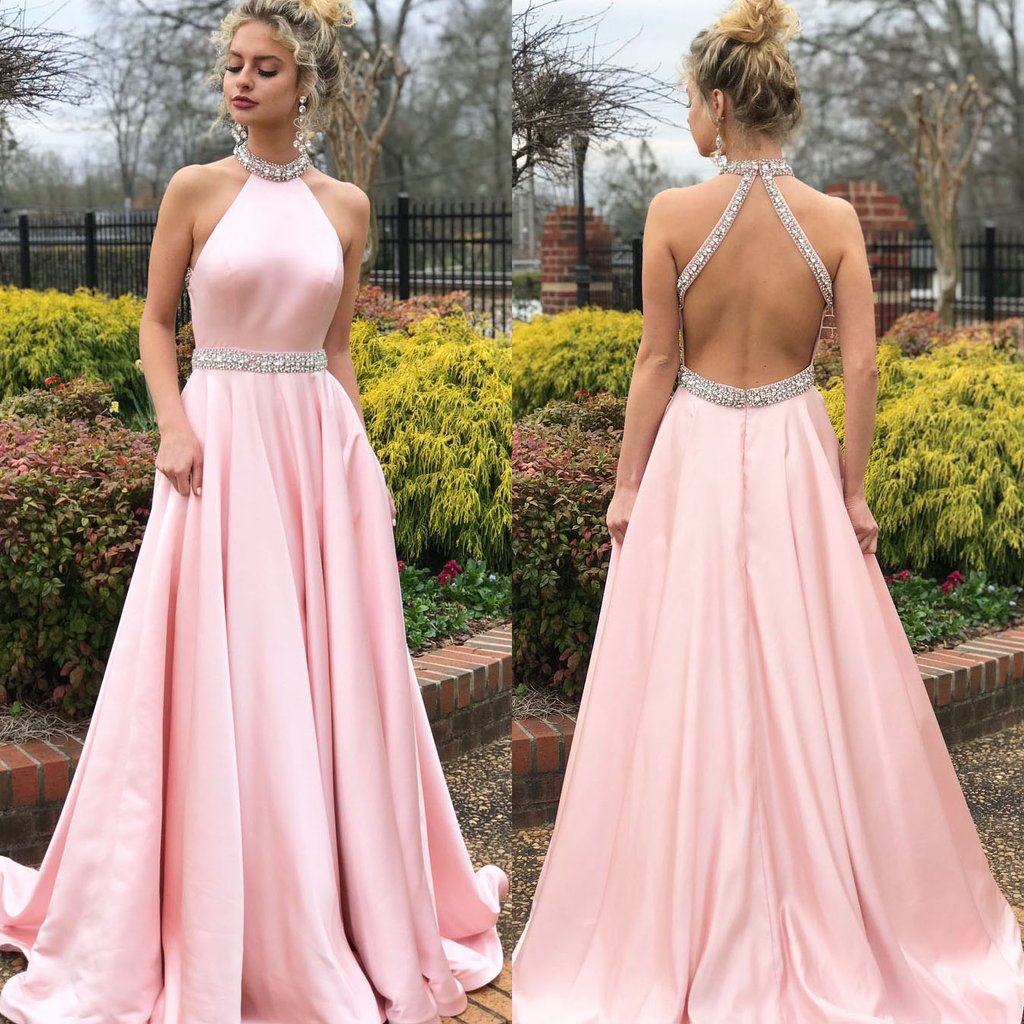 Halter Sleeveless Mermaid Prom Dress in Pink with Beads