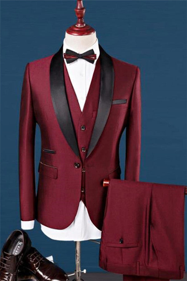 Wine Red 3-Piece Shawl Lapel Tuxedos for Weddings and Morning Suits