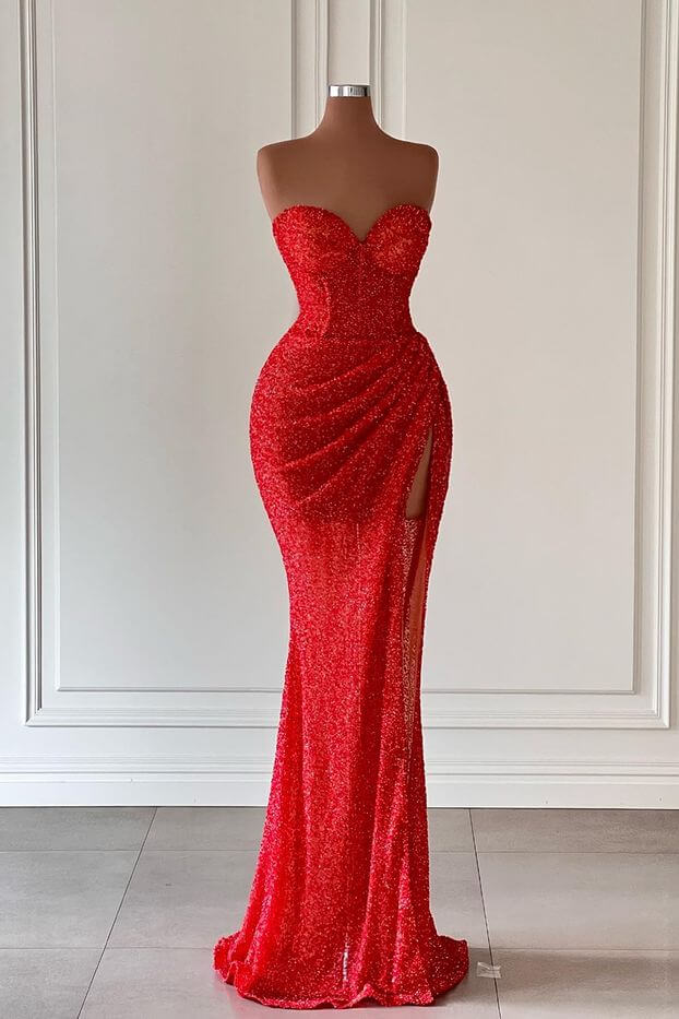 Red Sweetheart Sleeveless Long Mermaid Sequins Prom Dress with Split