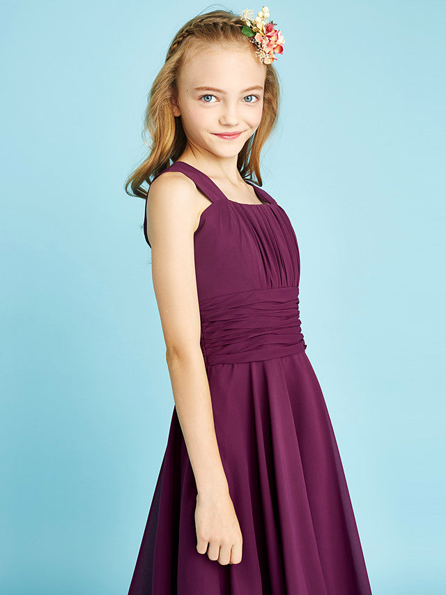 A-Line Straps Knee Length Chiffon Junior Flower Girl Dress with Sash Draping and Natural Look