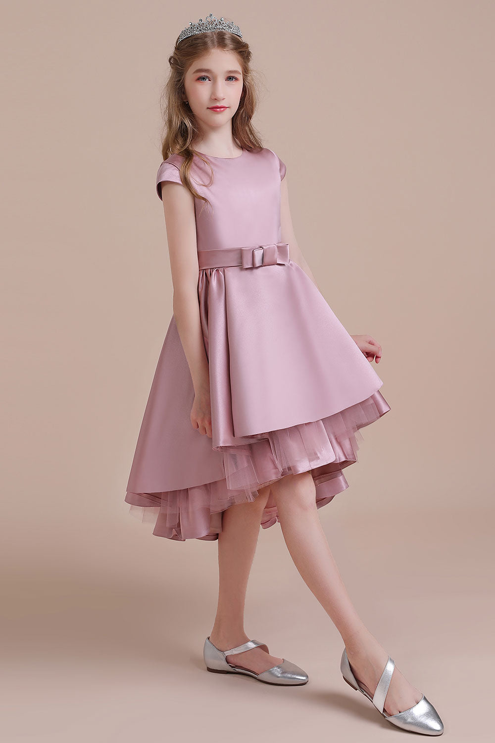 Lovely A-line Satin Hi-Lo Dusty Pink Flower Girl Dress with Cap Sleeves