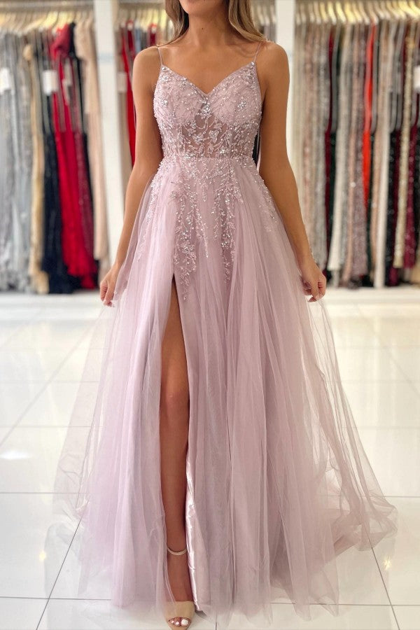 Glamorous Tulle Spaghetti Strap A-Line Evening Dress With Beadings