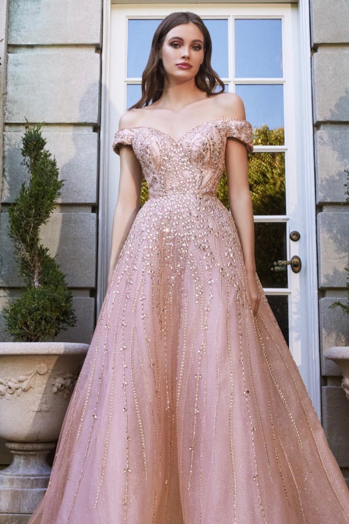 Pretty Pink Off-The-Shoulder Sweetheart Beads Prom Dress With Sequins Tulle