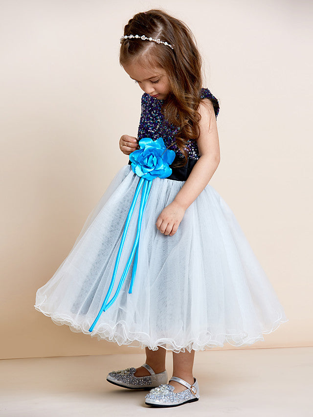 A-Line Tea Length Tulle & Sequined Sleeveless Jewel Neck Dress with Sash Ribbon Sequin Draping and Mini Me