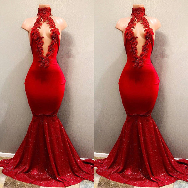 Red Mermaid Prom Dress with High Collar and Sparkly Sequins