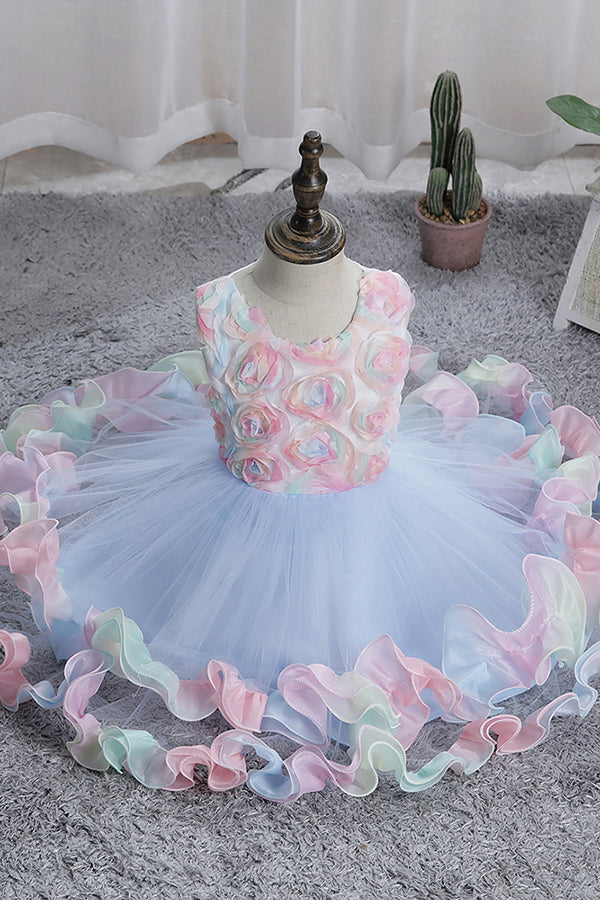 Princess Floral Jewel Sleeveless Flower Girl Dress with Tulle Appliques