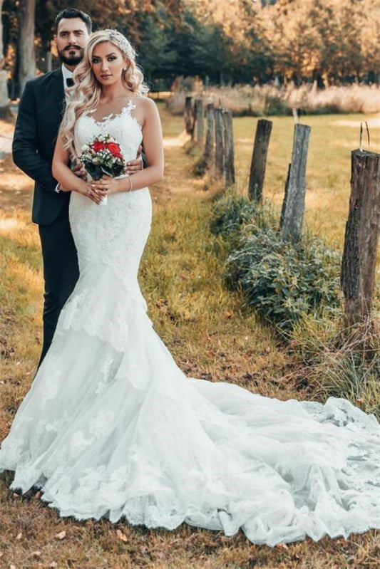 Lace Sleeveless Mermaid Wedding Dress With Chapel Train