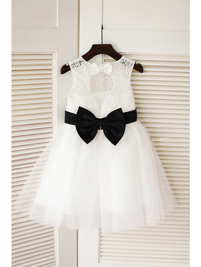 Jewel Sleeveless A-Line Tea Length Flower Girl Dress with Tulle and Lace Satin Belt