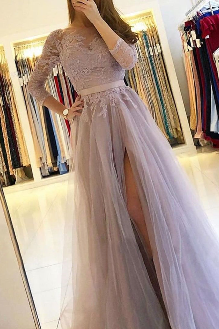 Lace Split A-Line Prom Dress with Long Sleeves