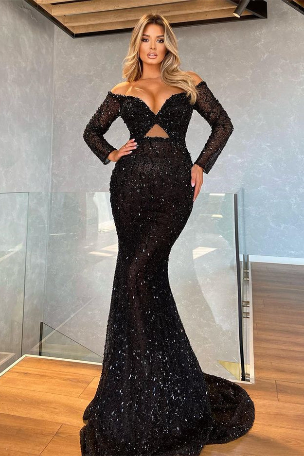 Mermaid Prom Dress Black With Sequins - Long Sleeves V-Neck