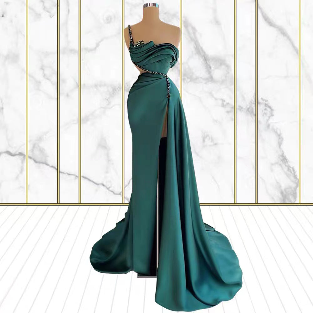 Emerald Rhinestone Mermaid One Shoulder Prom Dress With Split