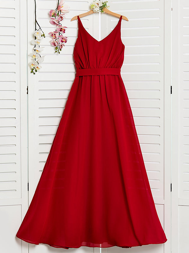 A-Line Spaghetti Strap Floor Length Chiffon Junior Bridesmaid Dress with Sash Ribbon and Ruching