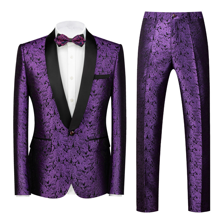 Purple Jacquard Easy Fit Black Lapel Wedding Tuxedo