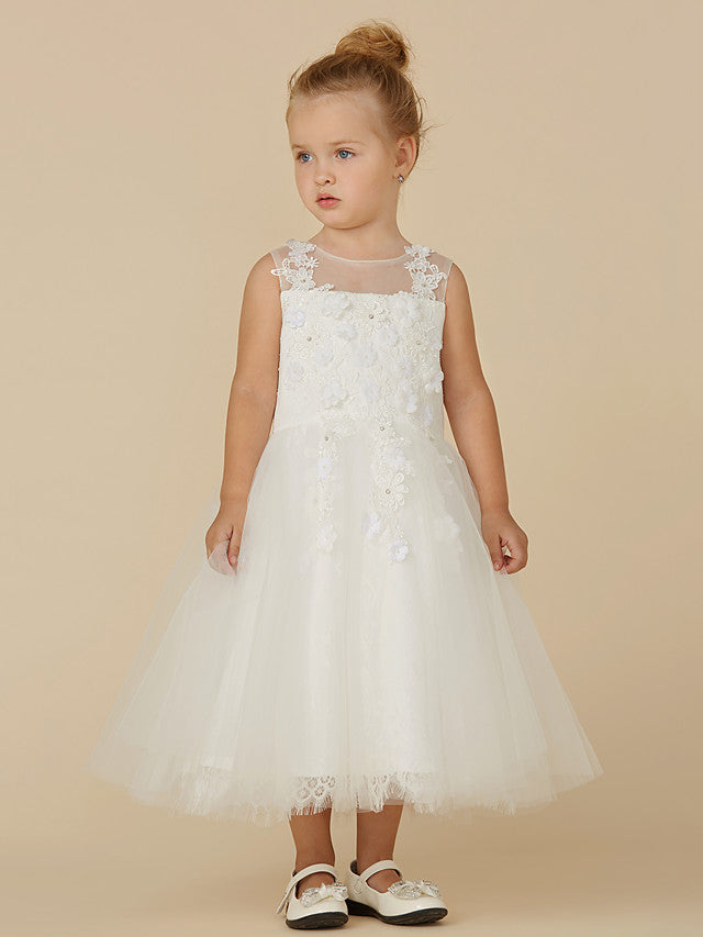 Gorgeous Lace Tulle Sleeveless Illusion Neck Flower Girl Dress With Beading Appliques