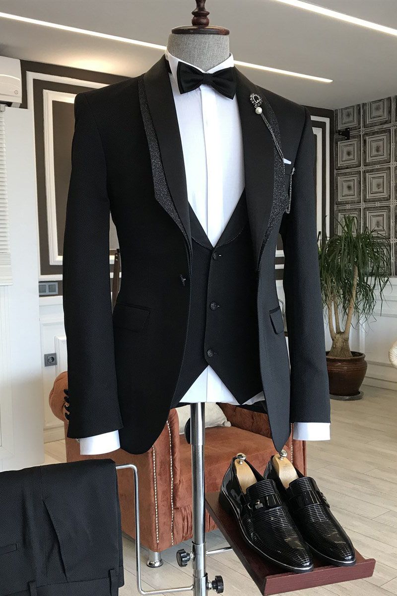 Frederic Black Shawl Lapel Wedding Tuxedos 3-Piece Set