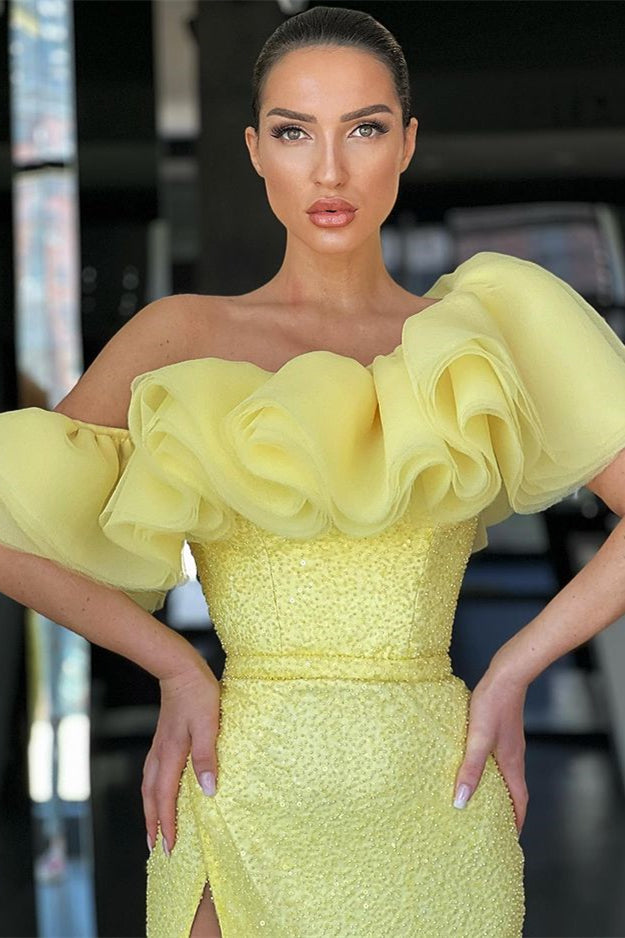 Glamorous Off-The-Shoulder Evening Dress with Split Sequins - Daffodil Mermaid