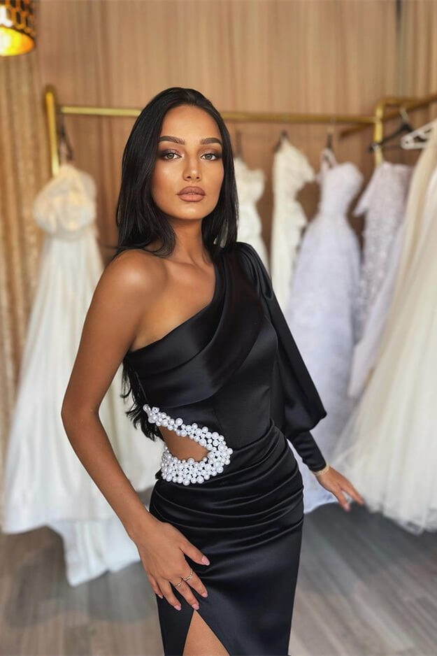 Black Mermaid Prom Dress with Beaded One Sleeve