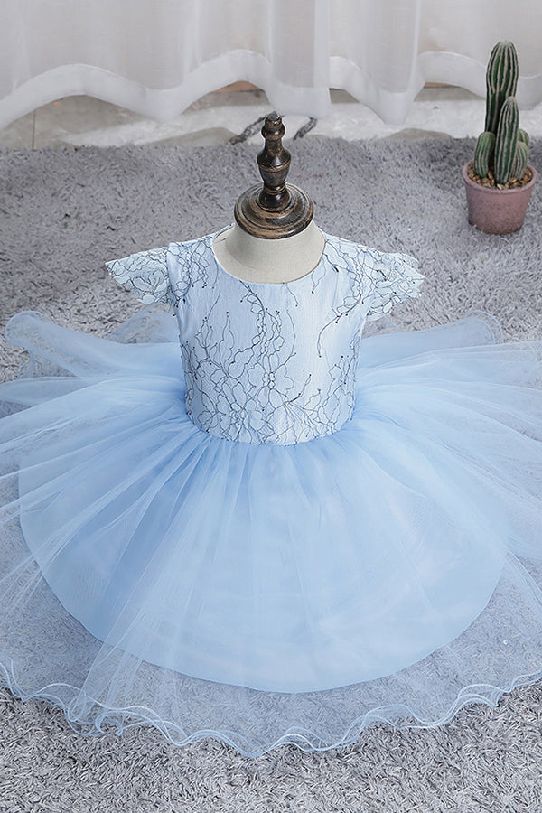 Stunning Blue Short Sleeves Jewel Flower Girl Dress with Appliques