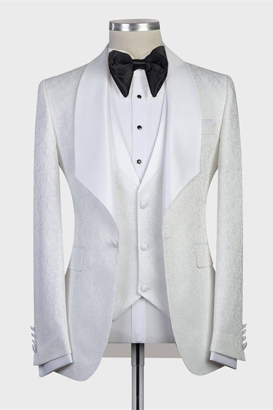 Elegant White Jacquard Shawl Lapel Wedding Tuxedo by 