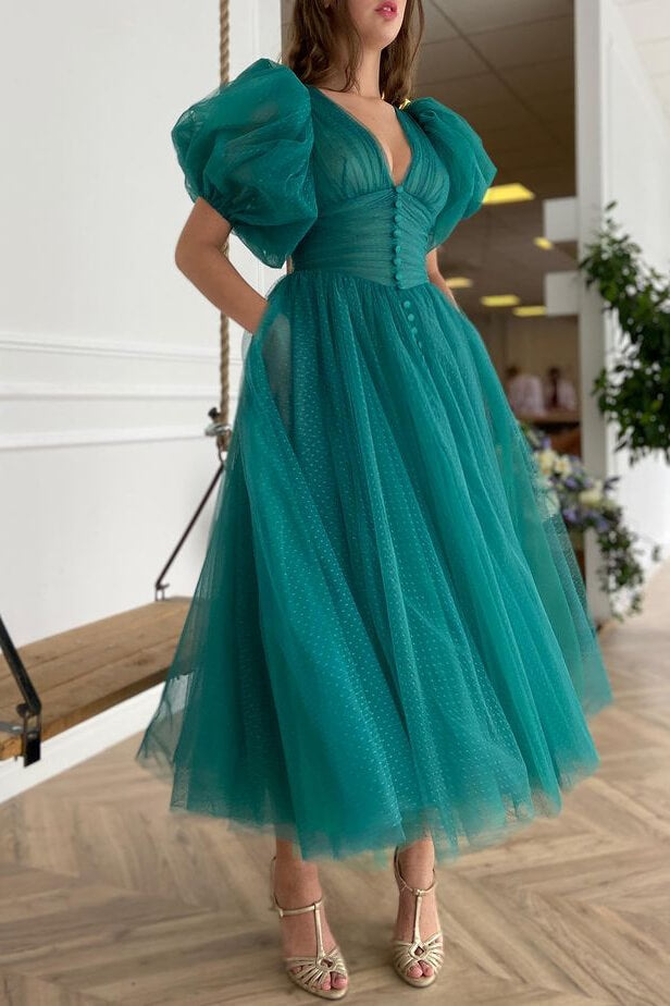 On Sale: V-Neck A-line Evening Dress with Short Sleeves - Dark Green