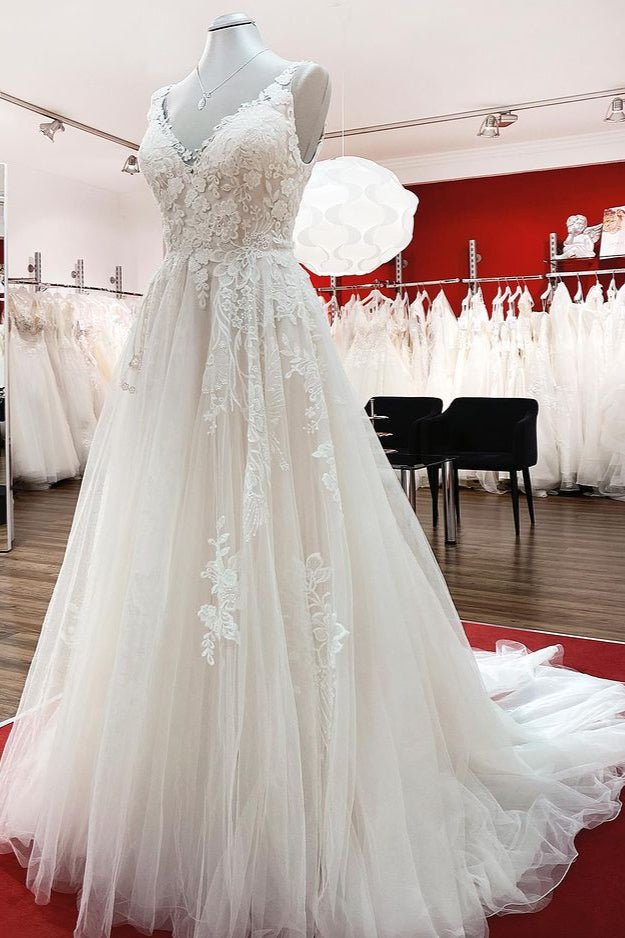 Graceful Long A-line Tulle V-Neck Wedding Dress with Lace Ruffles