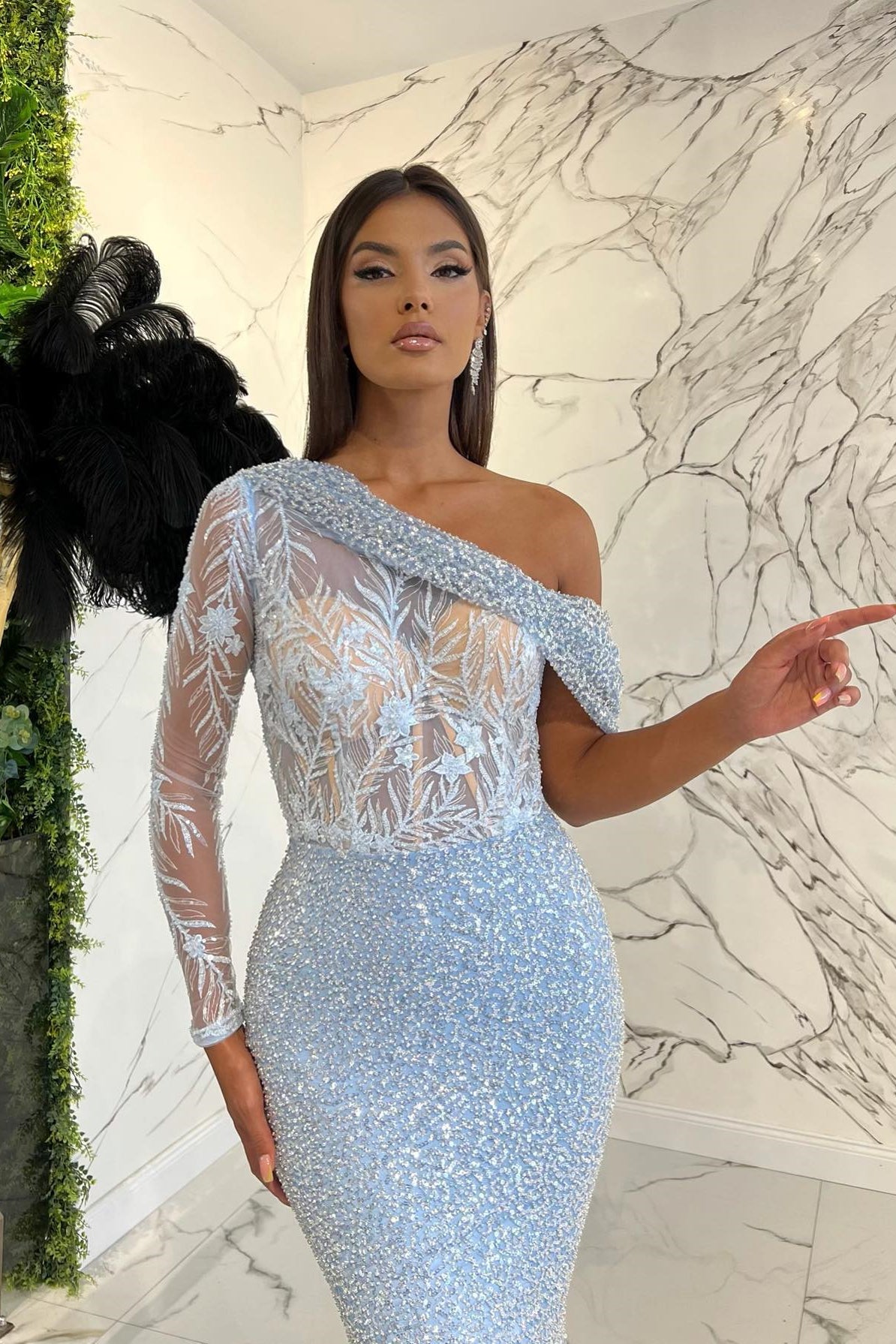 One Shoulder Long Sleeve Mermaid Evening Dress with Sequins