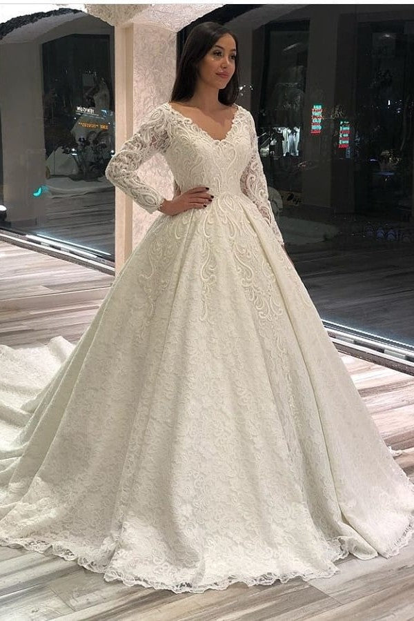 Elegant A-line Deep V-neck Long Sleeves Wedding Dress with Appliques Lace