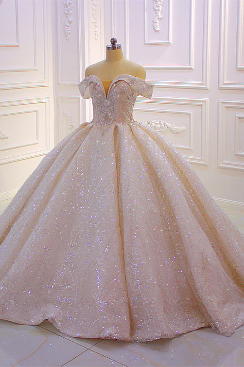 Classy Off-The-Shoulder Satin Ruffles Ball Gown Wedding Dress With Sequins Beading