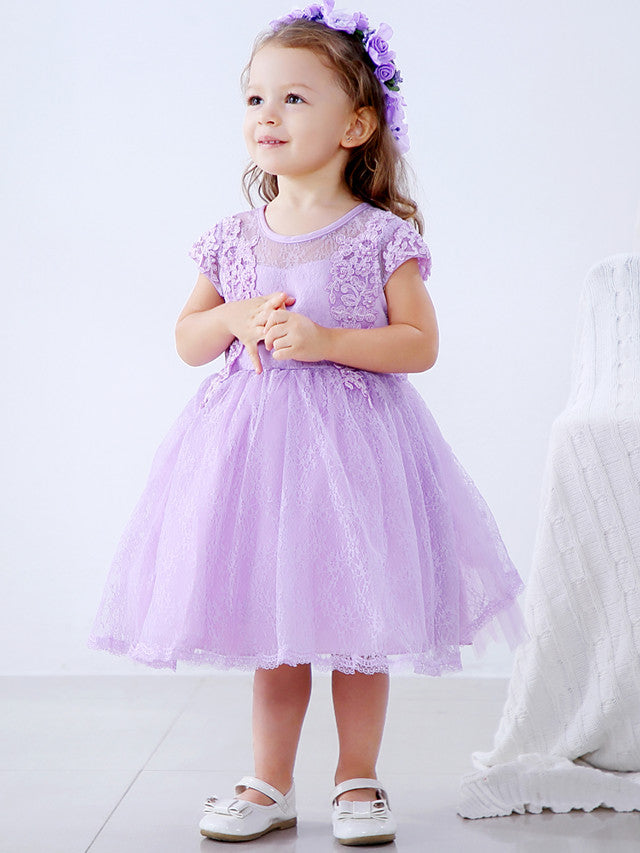 Lace Satin Tulle Flower Girl Dress with Bow Appliques | Short Sleeve Jewel Neck Ball Gown