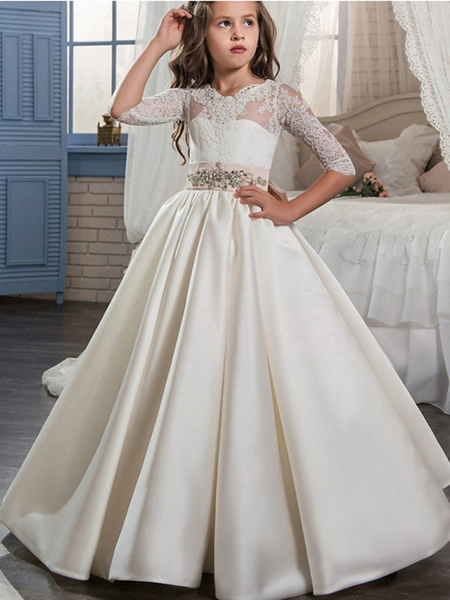 3/4 Length Sleeve Ball Gown With Lace Bow - Evening Flower Girl Dresses Polyester