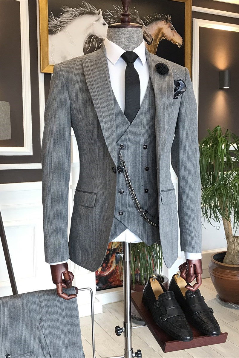 Modern Gery 3-Piece Business Suits with One Button Peaked Lapel for Men