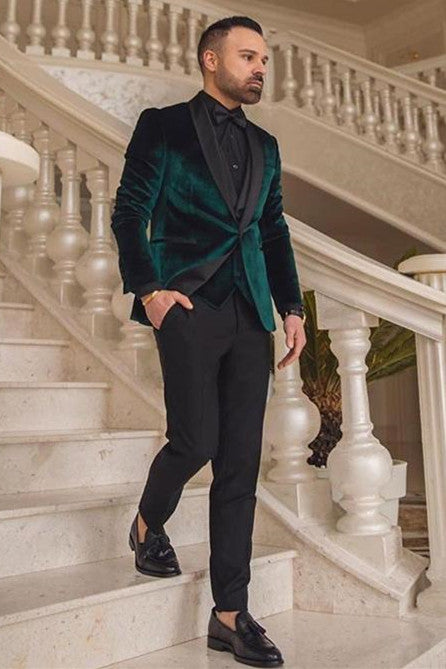 Dark Green Velvet 3 Piece Fashion Suit for Groom Weddings Online