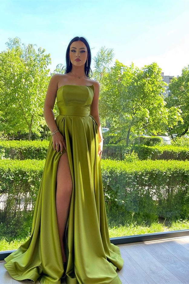 Elegant Strapless A-Line Green Prom Dress With Split