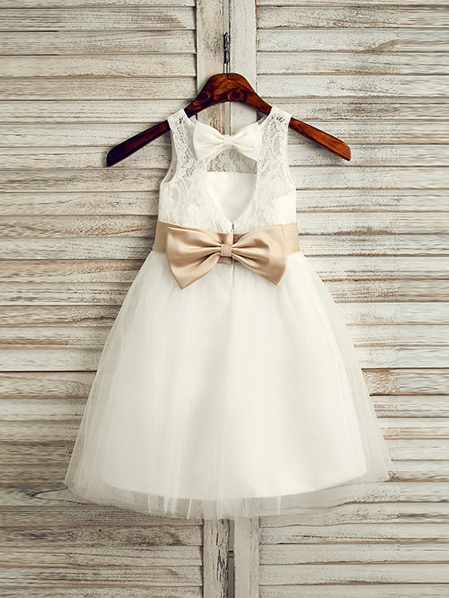 Stunning Lace Tulle Satin Chiffon Sleeveless Jewel Neck Tea Length Flower Girl Dress With Belt