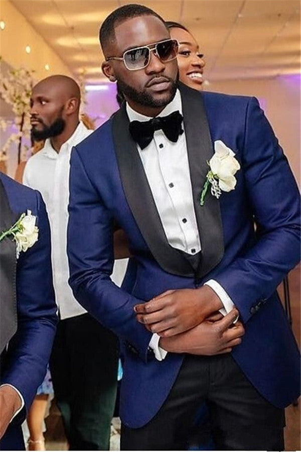 Navy Blue 3-Piece Wedding Suit for Men's Party with Black Shawl Lapel