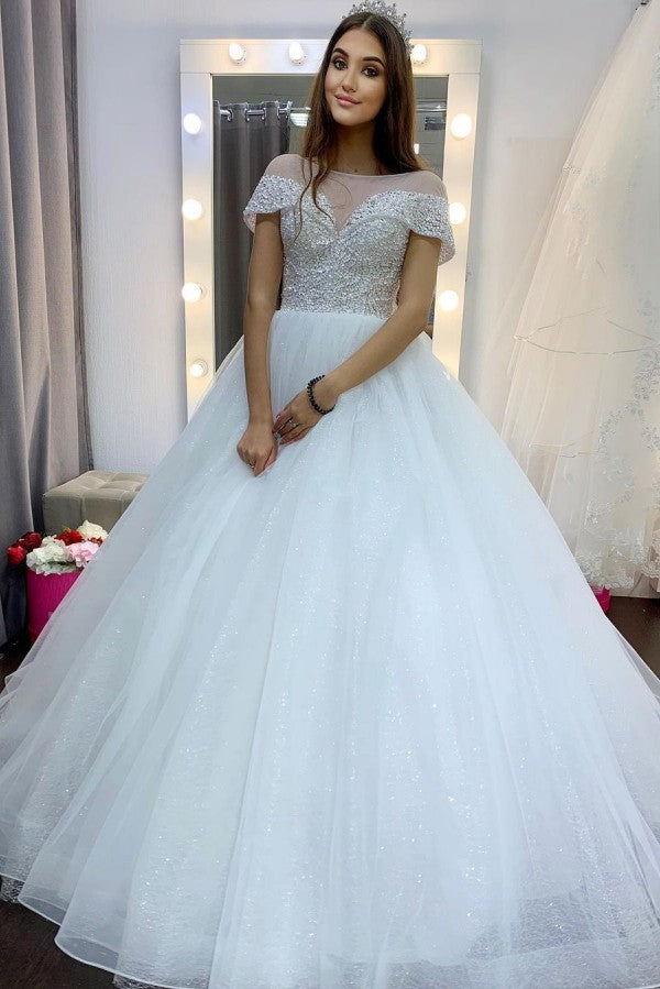 Elegant A-Line Bateau Wedding Dress with Crystal Sequins and Tulle Train