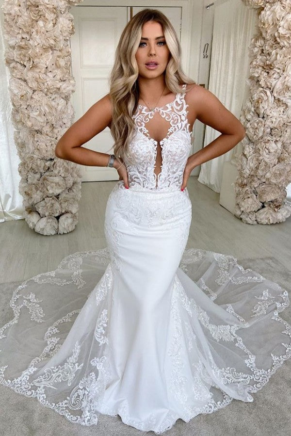 Satin Backless Long Mermaid Wedding Dress with Lace and Spaghetti-Straps