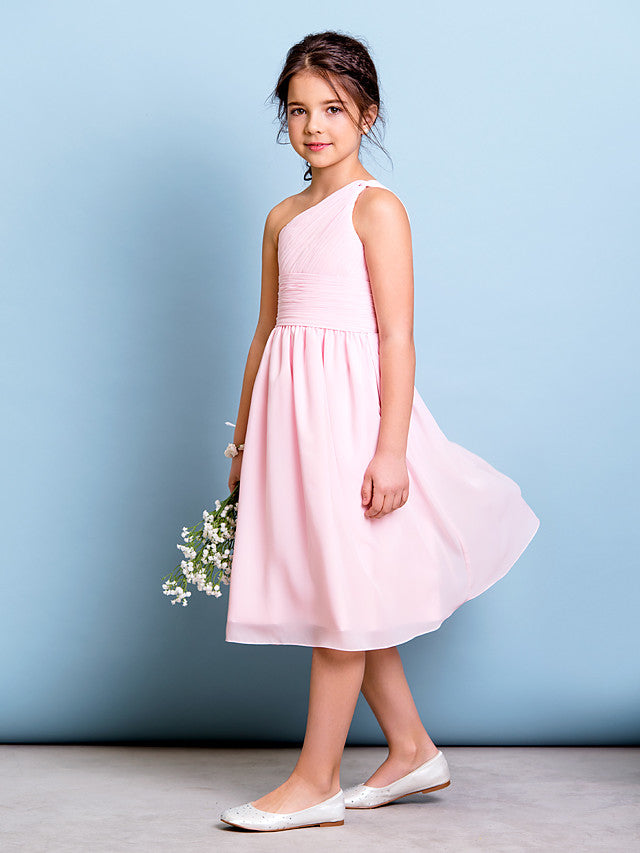 A-Line One Shoulder Knee Length Chiffon Junior Bridesmaid Dress with Ruched Draping Side Draping & Natural Look