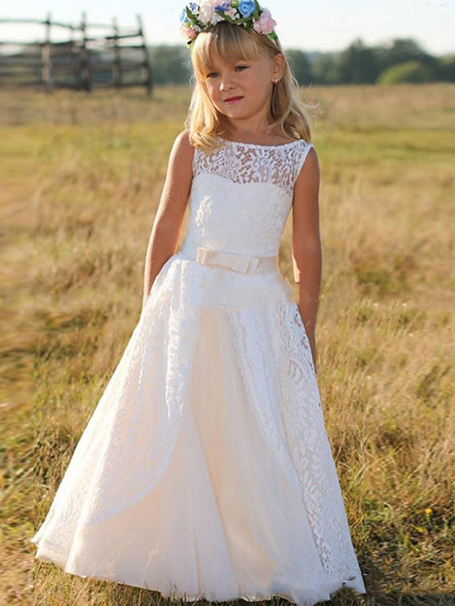 A-Line Jewel Neck Flower Girl Dresses with Lace and Bow