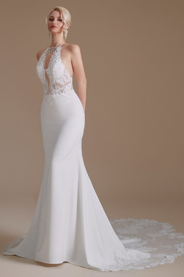 Mermaid Halter Backless Satin Wedding Dress with Appliques Lace