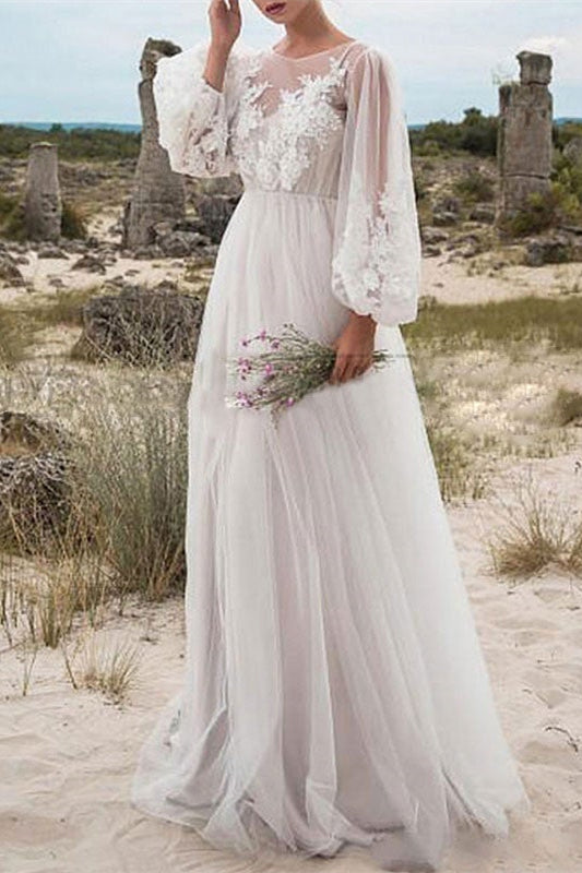 Elegant Tulle Lace Bubble Sleeves Wedding Dress