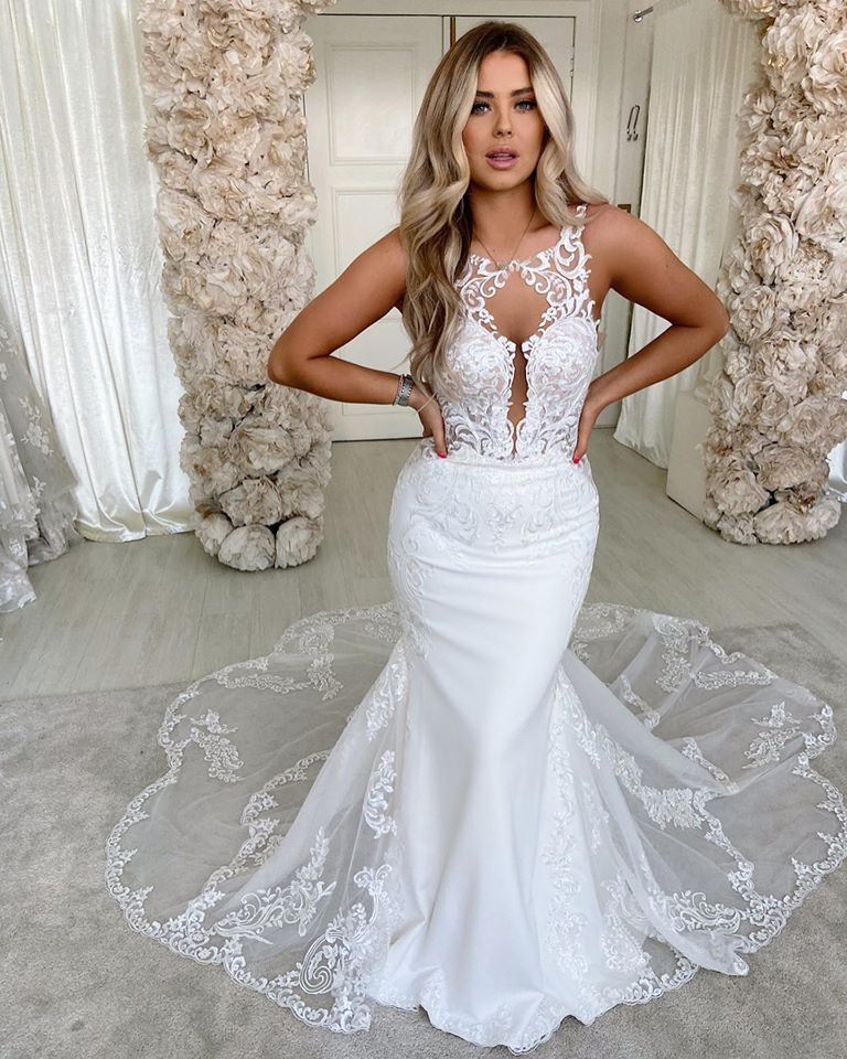 Satin Backless Long Mermaid Wedding Dress with Lace and Spaghetti-Straps