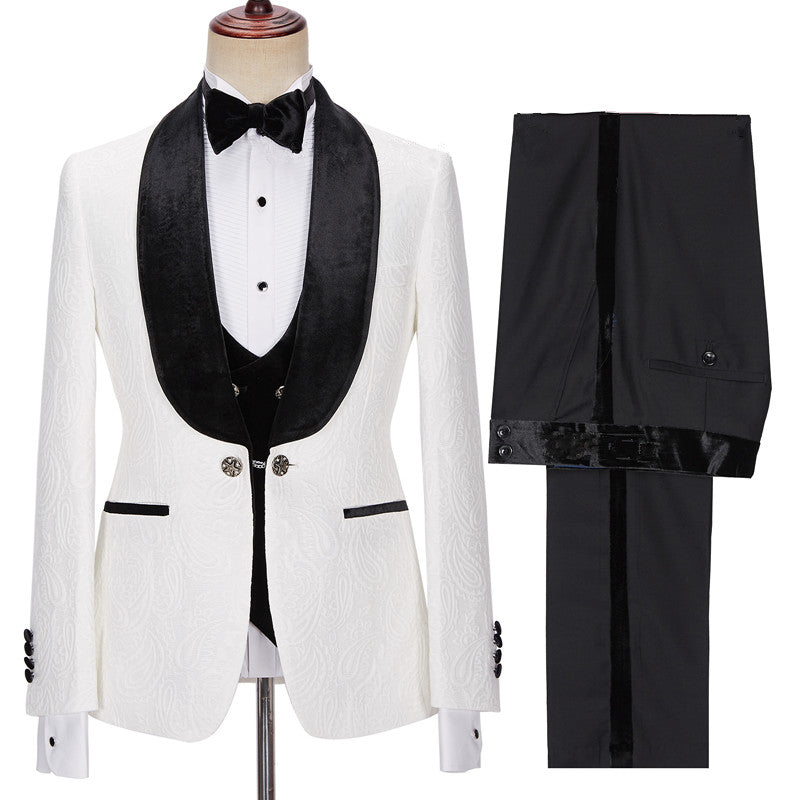 White Jacquard 3-Piece Wedding Suit with Velvet Lapel for Men ¨C New Arrival