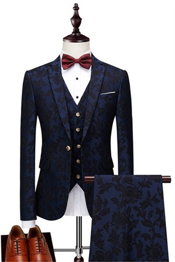 High Quality Three Piece Jacquard Navy Blue Tuxedo for Groomsmen