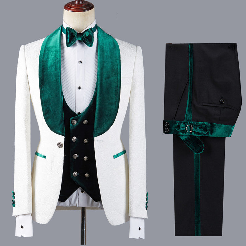 Jeffery White Wedding Suit with Green Lapel - Fashion Jacquard Three Pieces